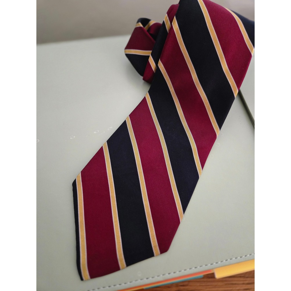 Robert Talbott Mens Silk Tie Burgundy Navy Blue Gold Striped Hand Sewn 3 3/4"